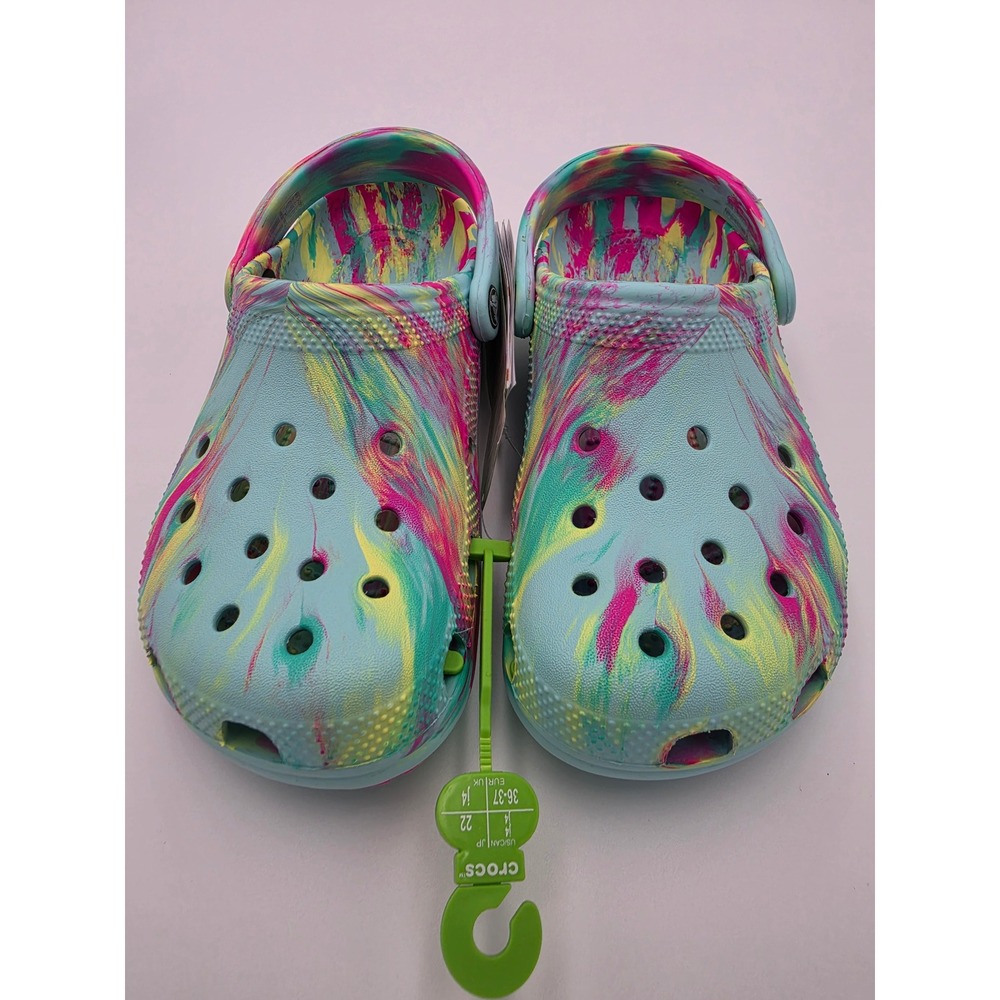 Crocs Classic Marbled Clog K Light Blue Pink Yellow Kids Size J4, NWT